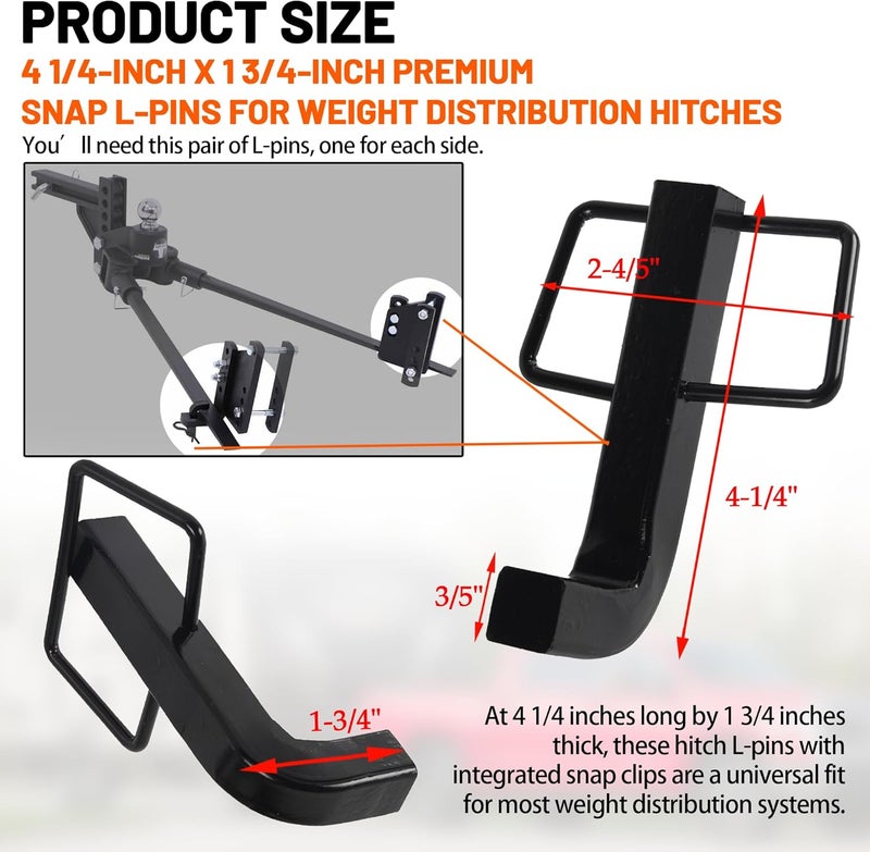 Aussio (2+2) Combo Pack 4 1/4" x1 3/4" Premium Snap L-Pins for Weight Distribution Hitches, Sway Bracket Jacket Compatible with E2 Hitch Sway 6k 8k 10k 12k 14k Sway Control Brackets Eliminate Noise - Black - Image 2